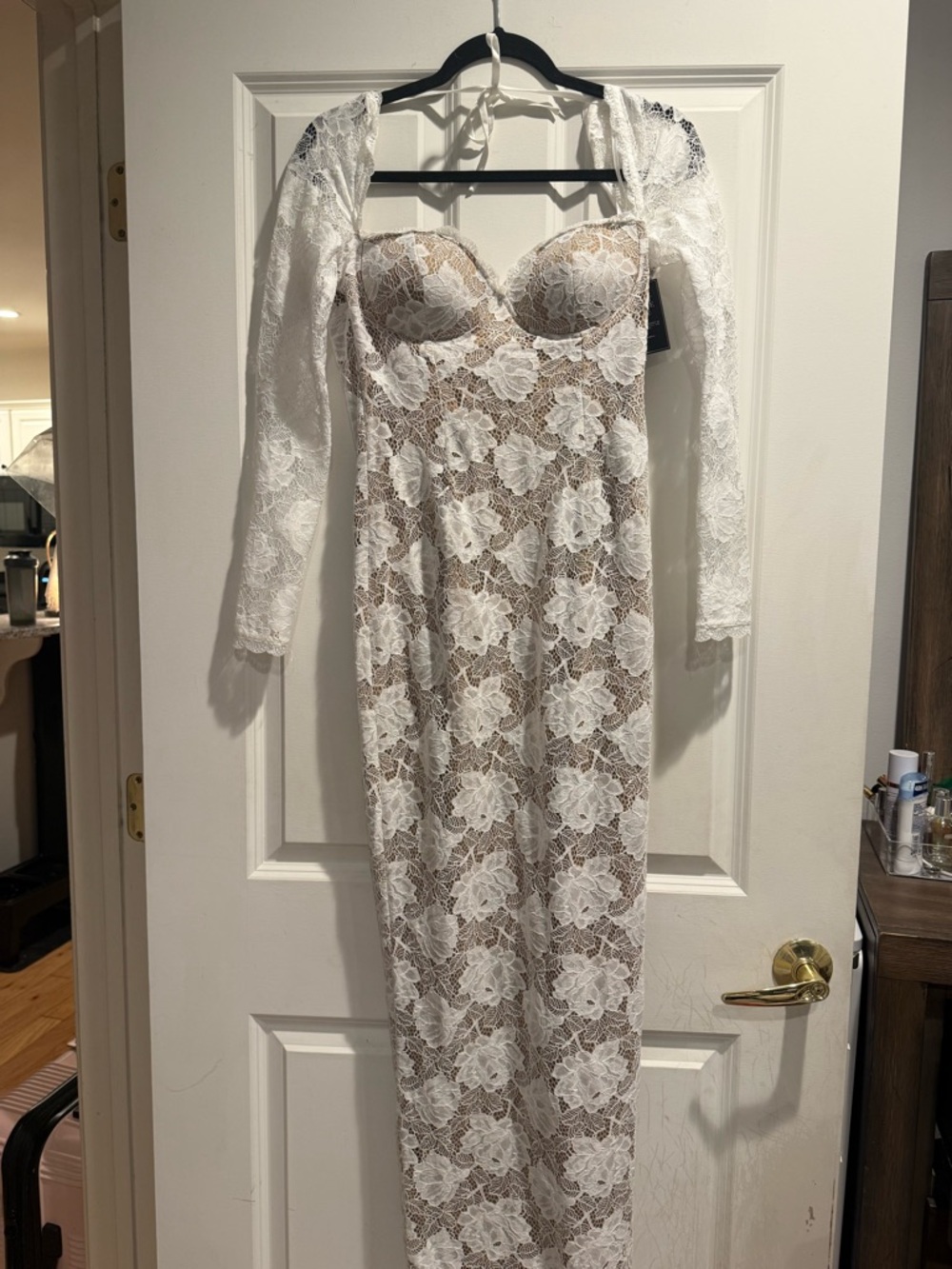 JLUXLABEL White Lace Overlay Dress with Beige Lining